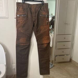 Balmain Paris Brown Waxed Biker Jeans